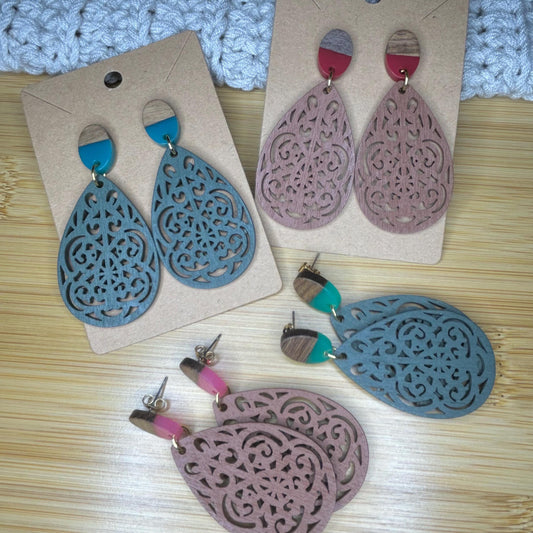 Wood Resin Post Large Dangles Colorful Wood Circle Stud Earrings Comfortable Hypoallergenic Posts Everyday Wear