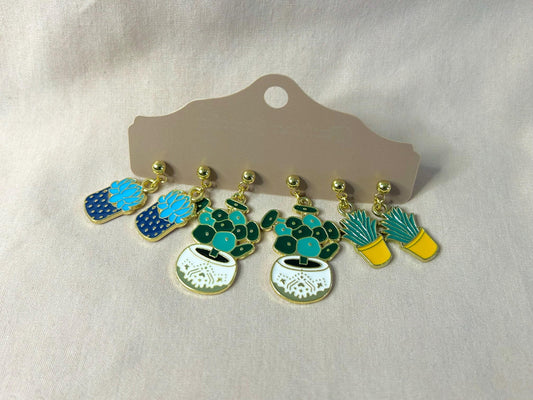 Teal Houseplant Dangle Earrings Set